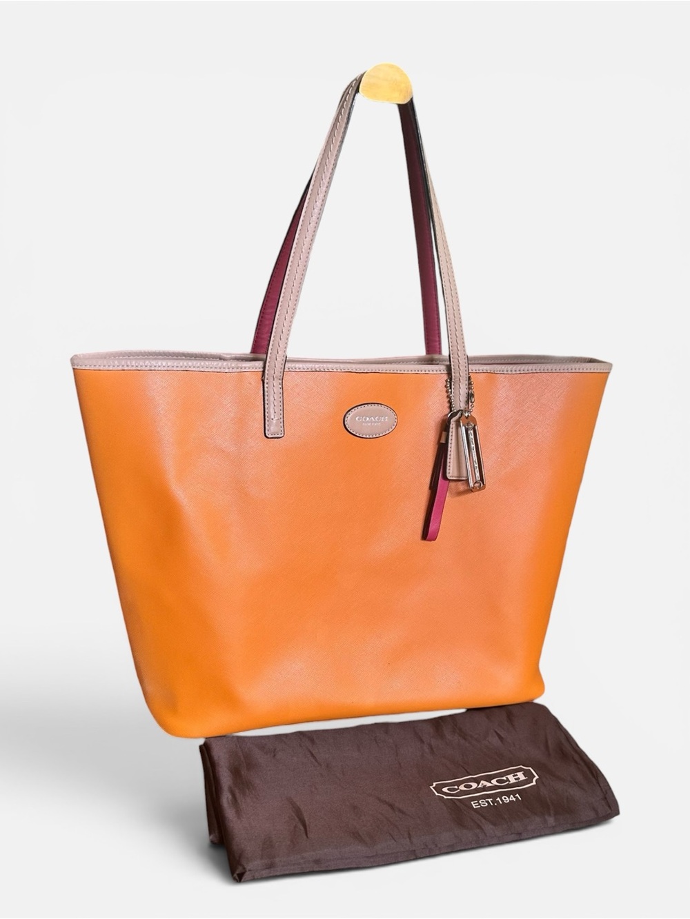 ✨ Coach Orange Crossgrain Leather Tote Pink Interior w/ Dust Bag EUC